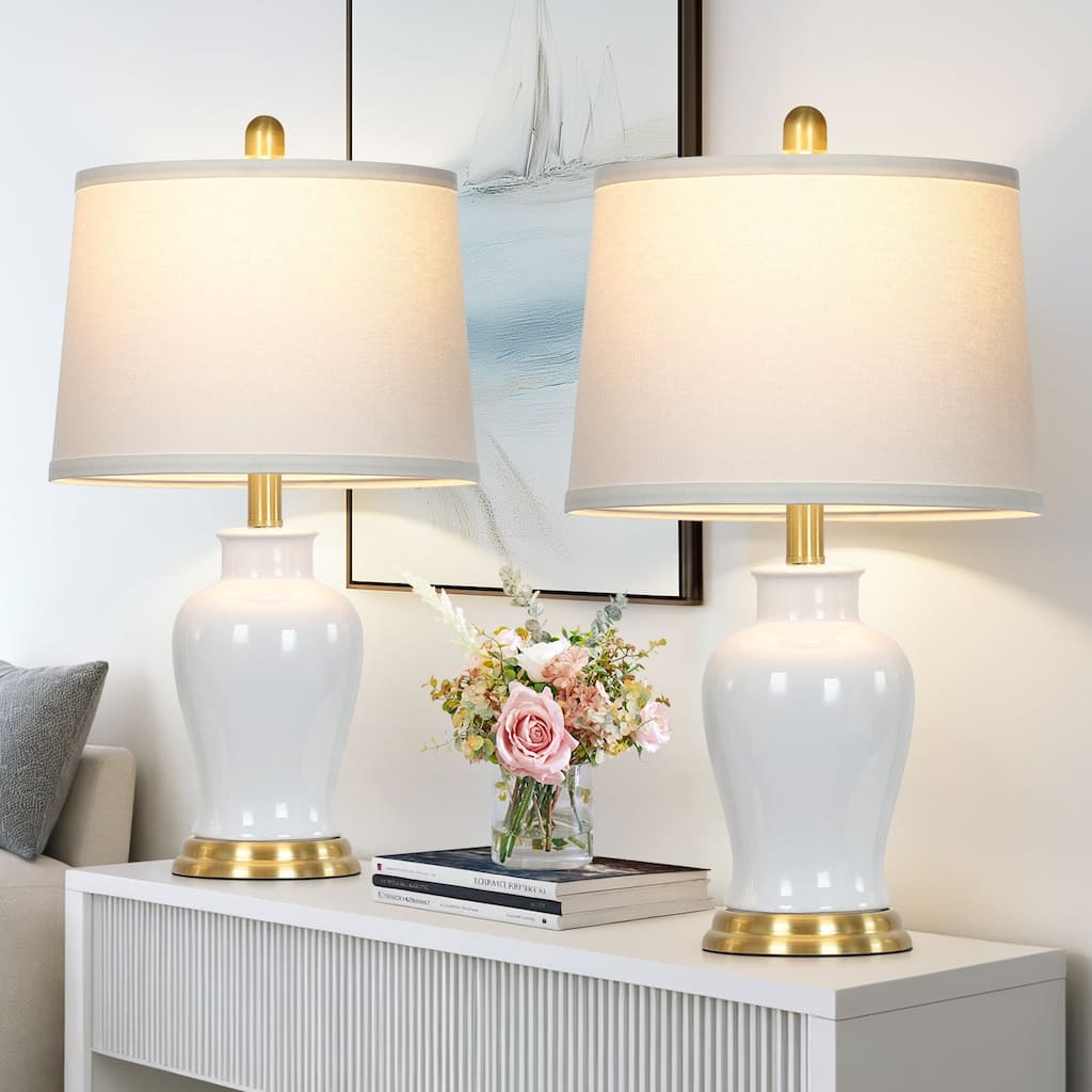 23-Inch Ceramic Ginger Jar Table Lamp with White Fabric Shade and LED Bulb