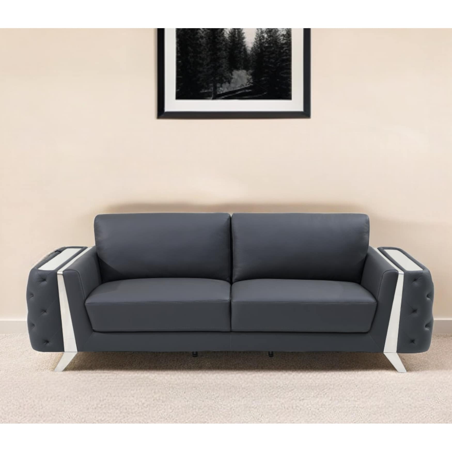 HomeRoots 90" Gray Italian Leather Sofa With Silver Legs