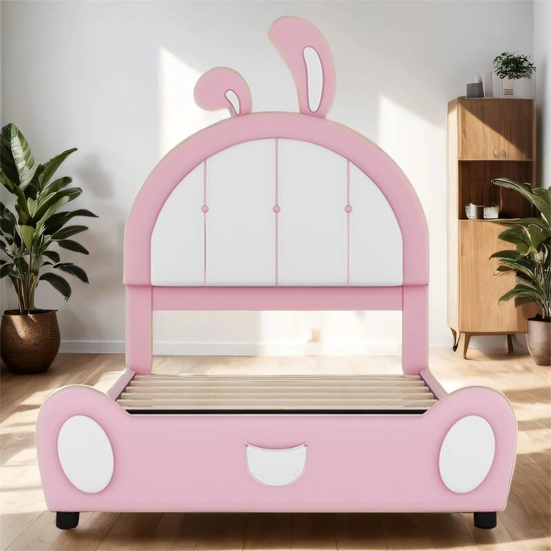 Twin Size Upholstered Platform Bed with Rabbit Shaped Headboard