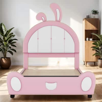 Twin Size Upholstered Platform Bed with Rabbit Shaped Headboard