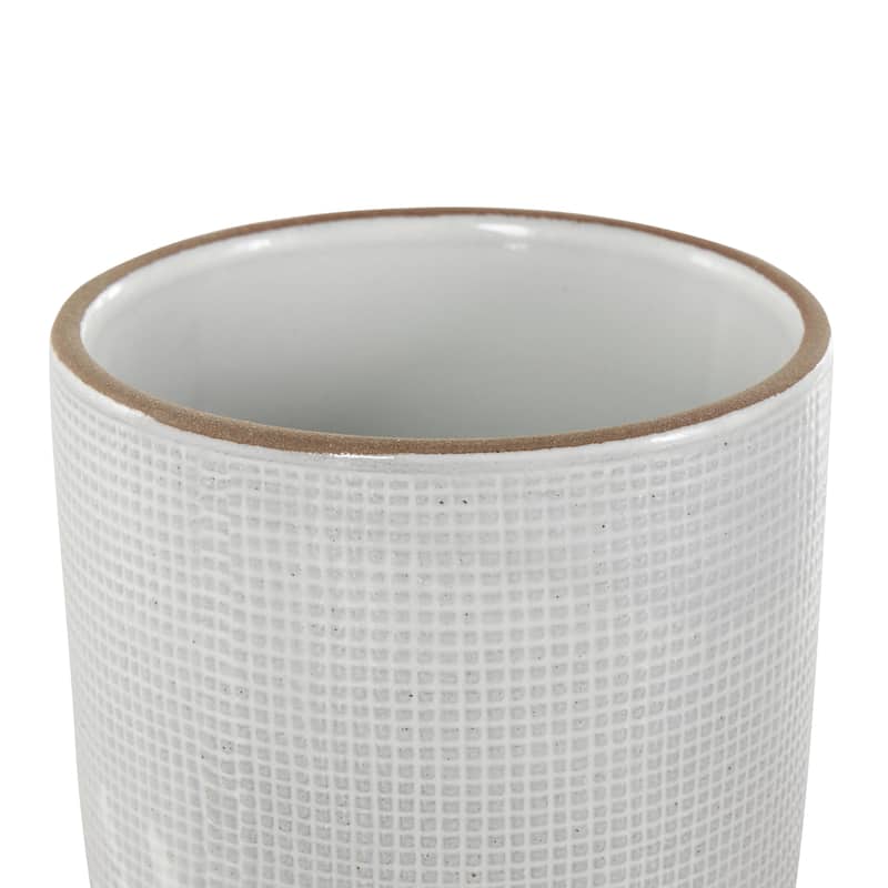 Ceramic Geometric Grid Patterned Indoor Outdoor Planter with Brown Accents and Base Tray - Set of 3 White - Roche River Decor