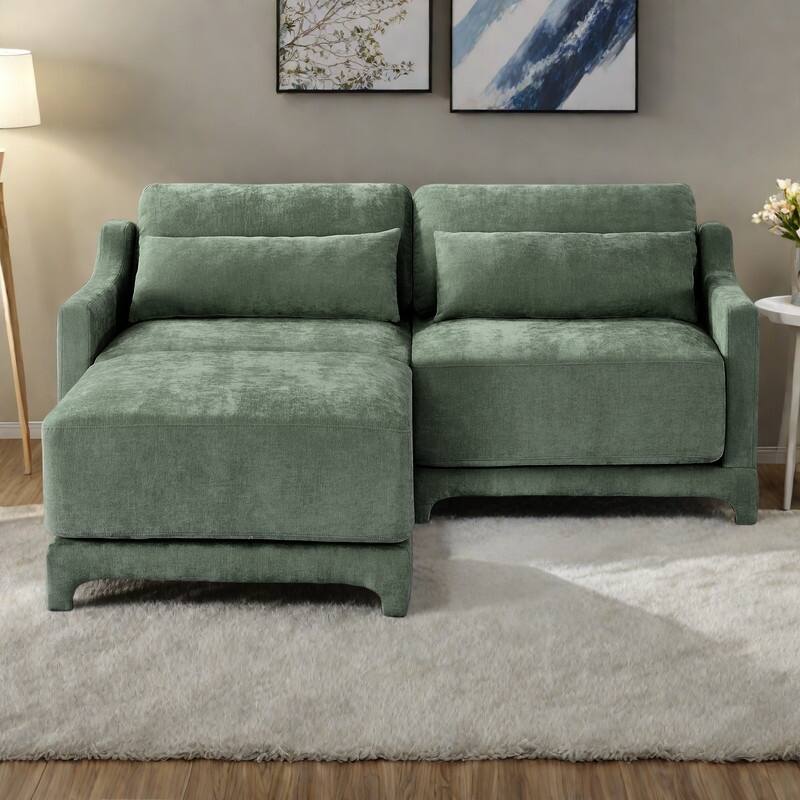 73.2" Chenille 2-Seater Sofa with Ottoman, 2 Lumbar Pillows, High-Resilience Sponge and Solid Wood Frame - Green