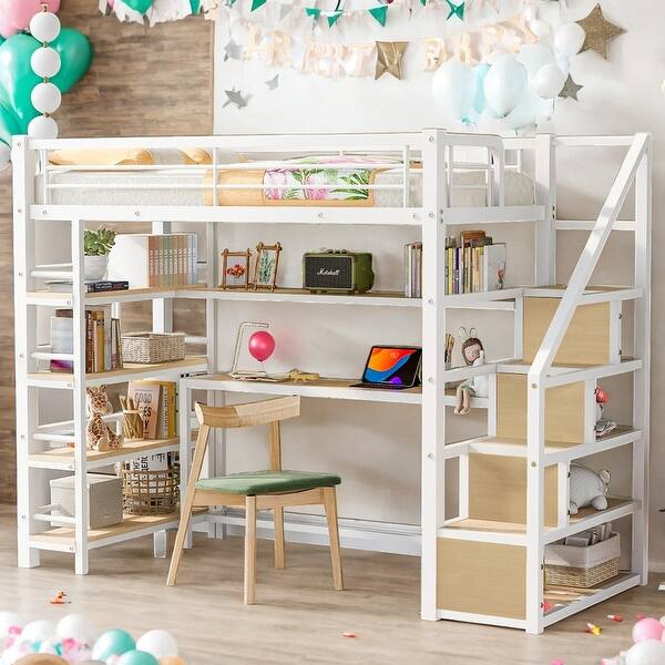 slide 2 of 14, Modern Style Twin Size Metal Loft bed with Staircase, Built-in Desk and 4-tier Shelves, Ample Storage Space, Sturdy Frame, White White