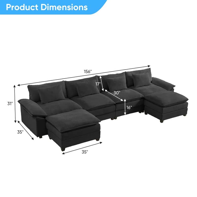 Modern 156''Oversized U-Shaped Modular Sectional Sofa with 2 Ottomans,6-Seat Cloud Couch,Chenille Sofa Sleeper Deep Seat Couches