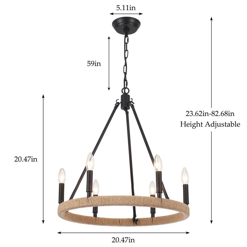 6-Light Rustic Hemp Rope Wagon Wheel Chandelier for Bedroom Foyer Entryway