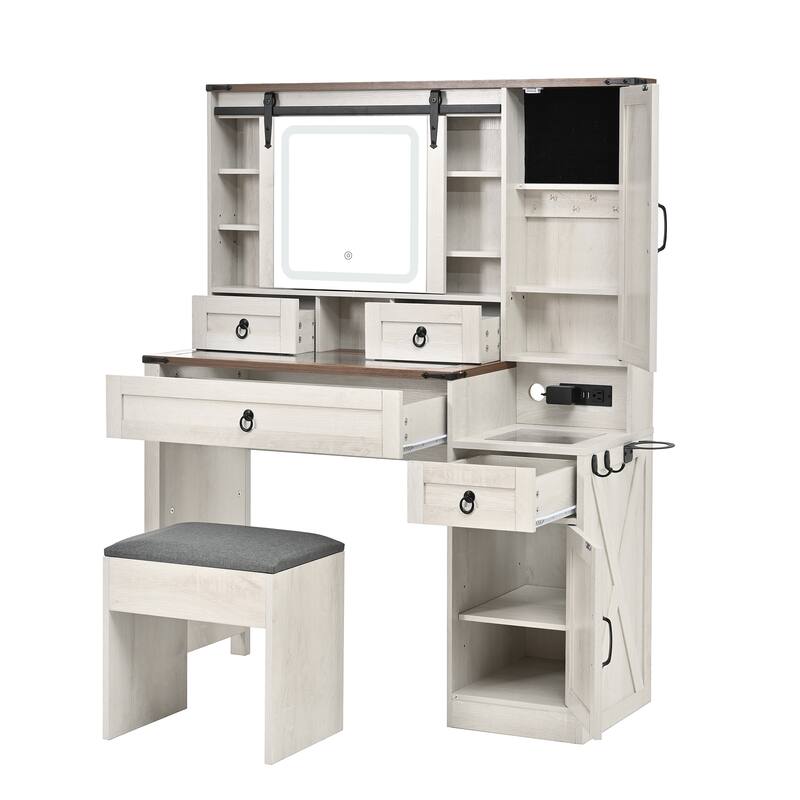 Farmhouse Makeup Vanity Desk with Square LED Mirror, Glass Top Dressing Table and Stool Set with Charging Station