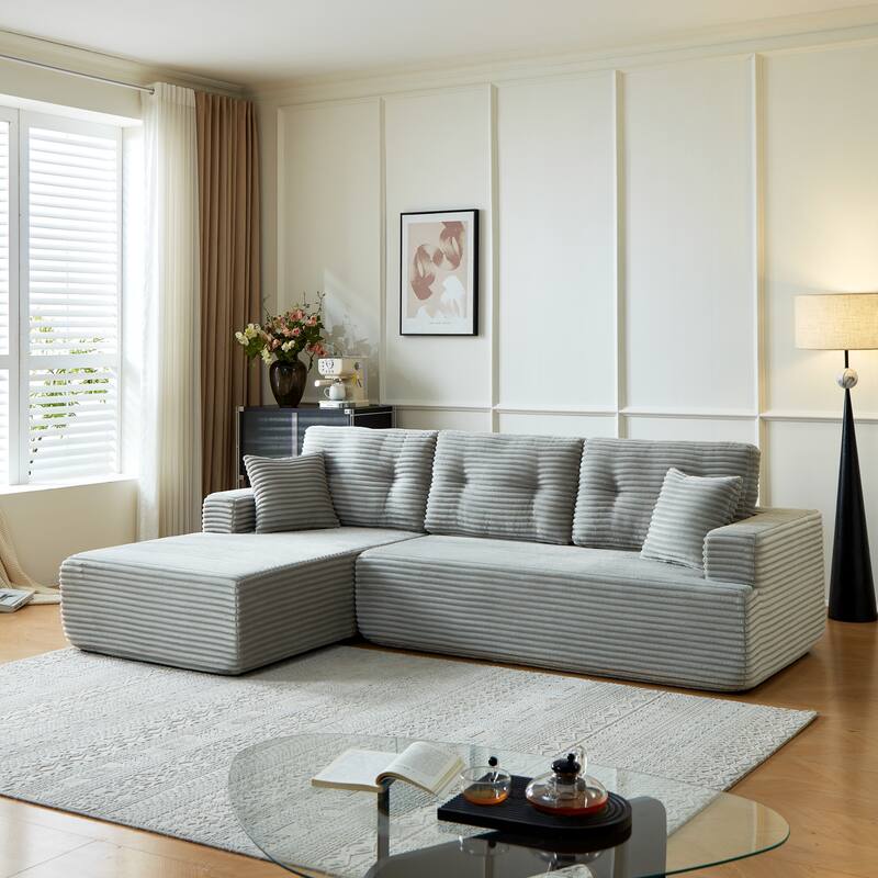 Rossetta Modern Minimalist Style L-Shape Compressed Corduroy Sectional Sofa with Right-Facing Chaise - Light Gray