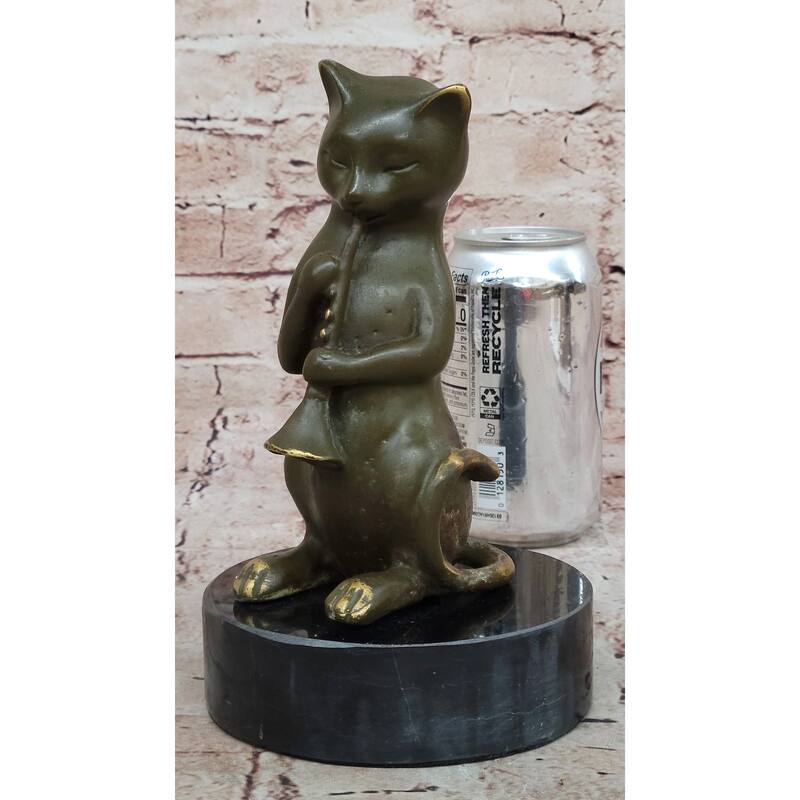 Whimsical Imitative Cat Playing Clarinet Bronze Sculpture On Marble Base