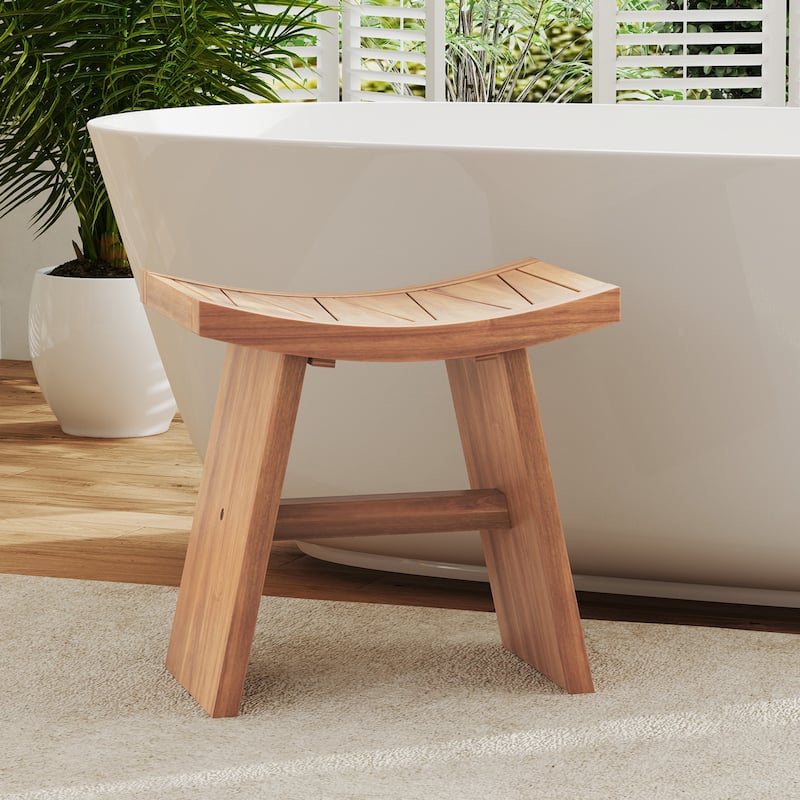 Gymax 18 Inch Teak Wood Shower Bench Wooden Shower Stool w/ Curved