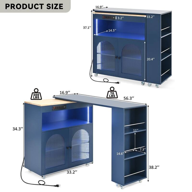 Kitchen Island Cart with Extended Table and Power Outlets