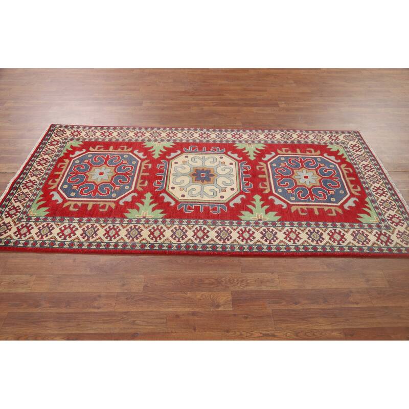 Geometric Red Kazak Oriental Runner Rug Hand-Knotted Wool Carpet - 3'4" x 6'7"
