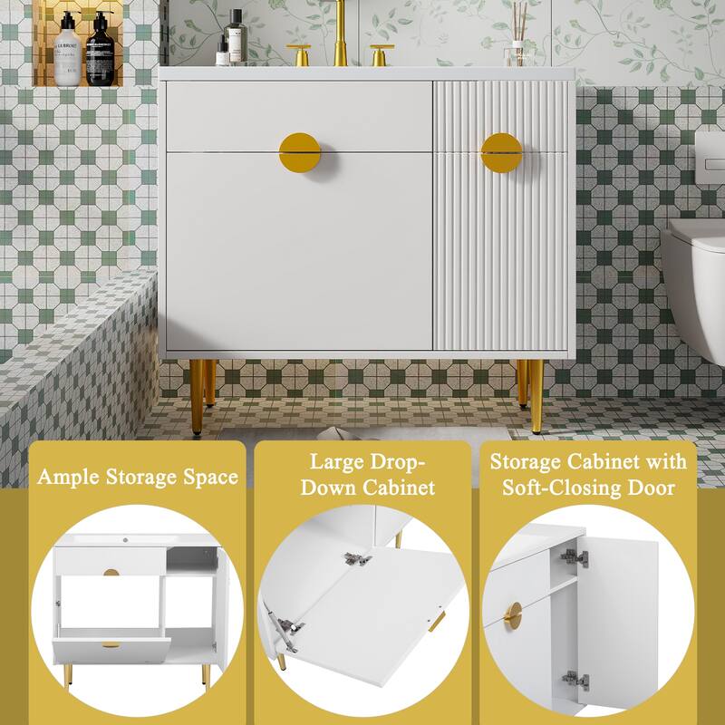 Modern 36 Inch Bathroom Sink Vanity with Resin Basin, Soft-Close Storage Doors, Pine MDF Cabinet