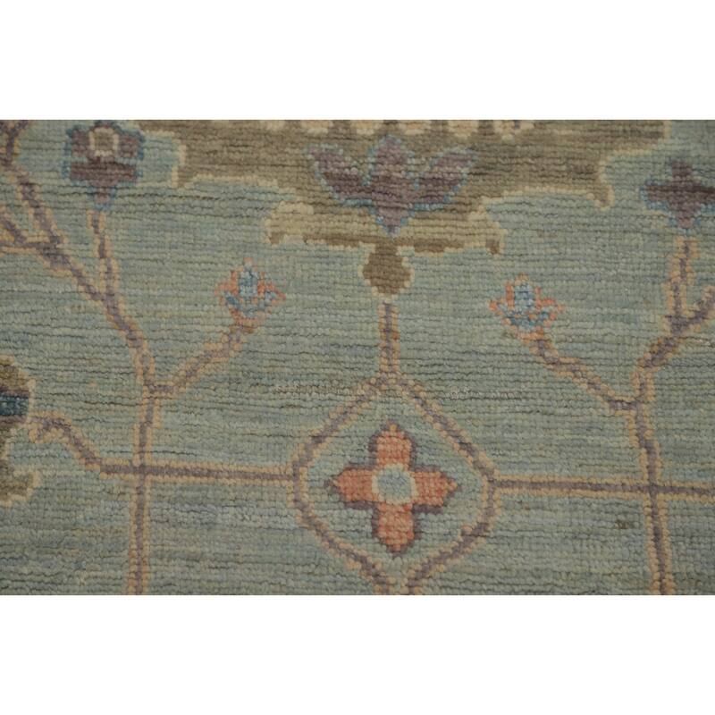 Light Blue Floral Oushak Vegetable Dye Area Rug, Floral Geometric Carpet - 12' 5'' X 9' 4''
