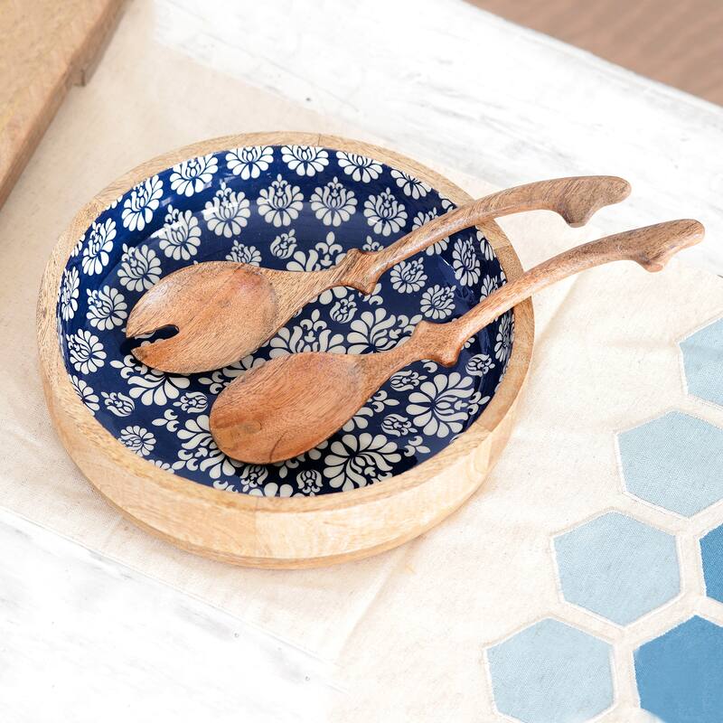 Novica Handmade Delhi Lotus Mango Wood Salad Bowl And Servers (3 Pieces)