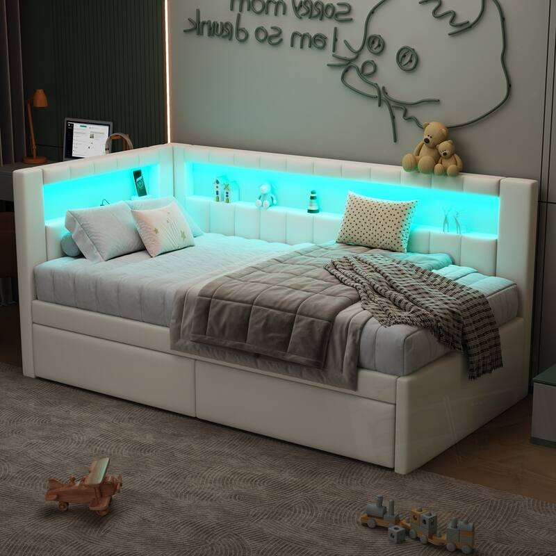 Upholstered Twin Size Platform Bed with USB Ports and 2 Drawers