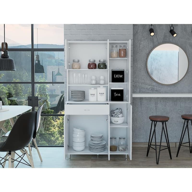 TUHOME Della 90 Pantry Double Door Cabinet with Drawer, 6 Doors, 5 Legs, and 9 Shelves - N/A