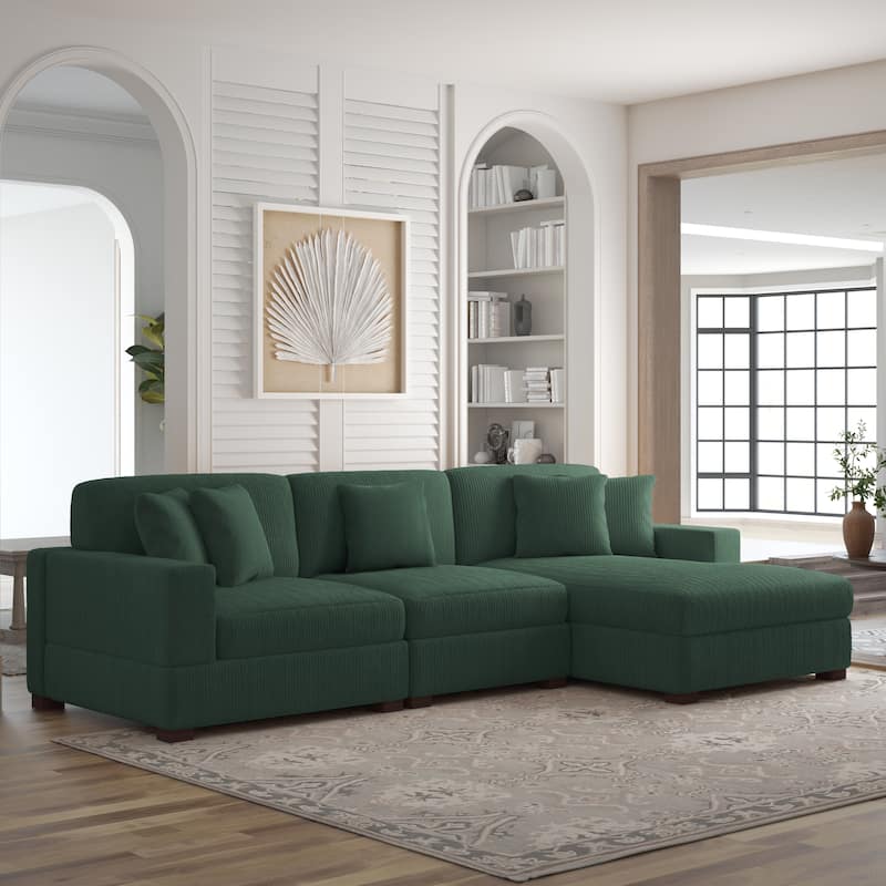 118" W Corduroy L-shape Modular Sectional Sofa with Pillows - Hunter Green - Right Facing