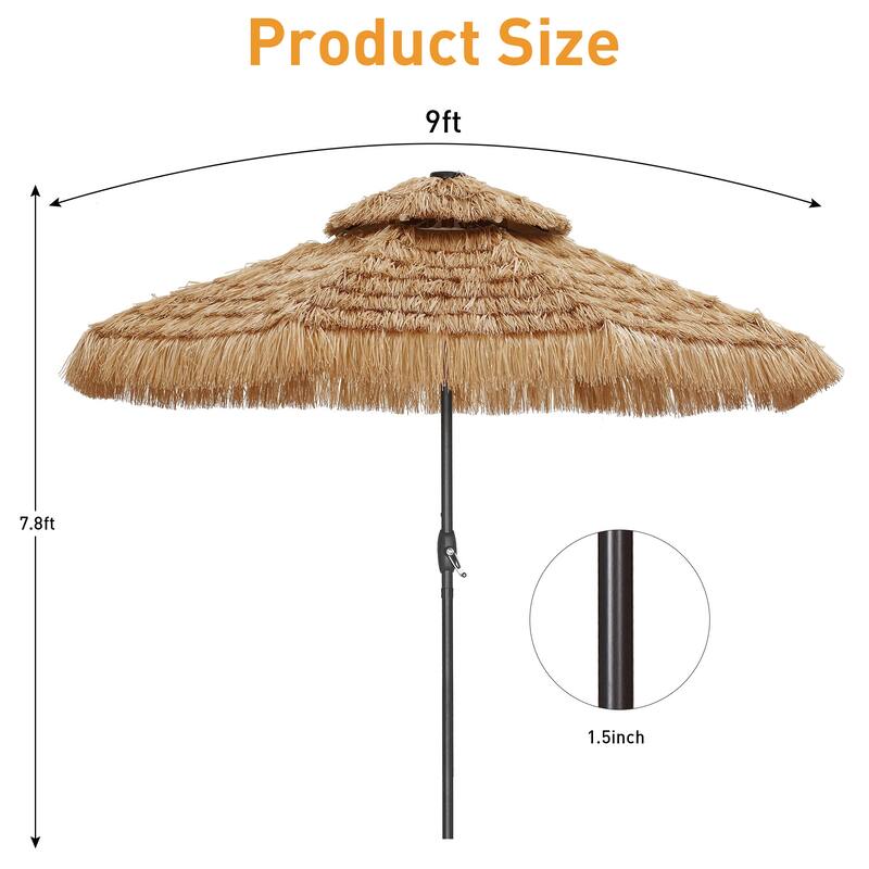 Autlaycil 9ft Hula Thatched Tiki Outdoor Umbrella with Crank & Lights