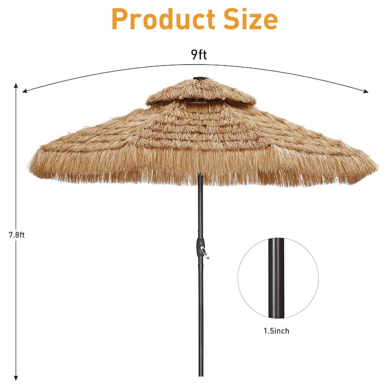 Autlaycil 9ft Hula Thatched Tiki Umbrella with Crank And Lights(No Base)