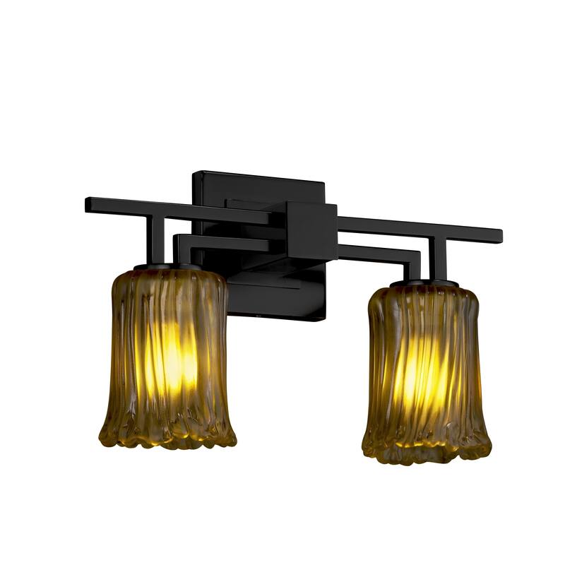 Justice Design Veneto Luce Aero 2-light Matte Black Bath Bar, Amber Cylinder - Rippled Rim Shade - Matte Black, Amber