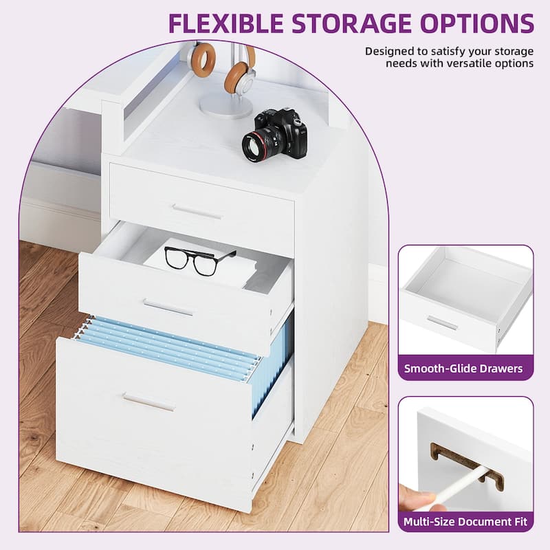 Moasis 65" Computer Desk with Filing Cabinet and Storage Shelves, LED Lighting Corner Home Office Desk