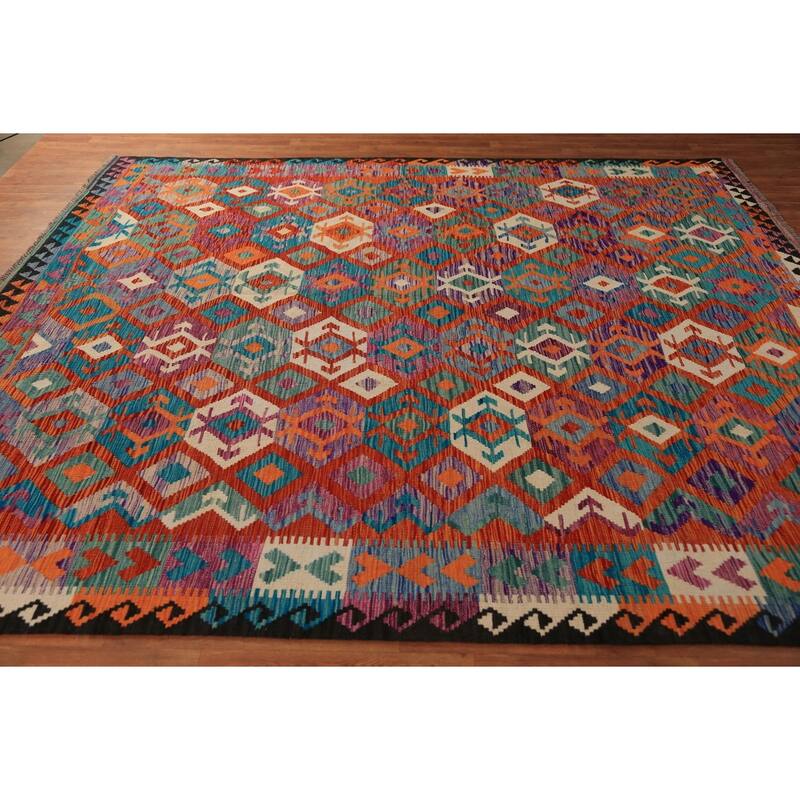 All-Over Geometric Kilim Oriental Area Rug Flatweave Wool Carpet - 8'4" x 9'8"