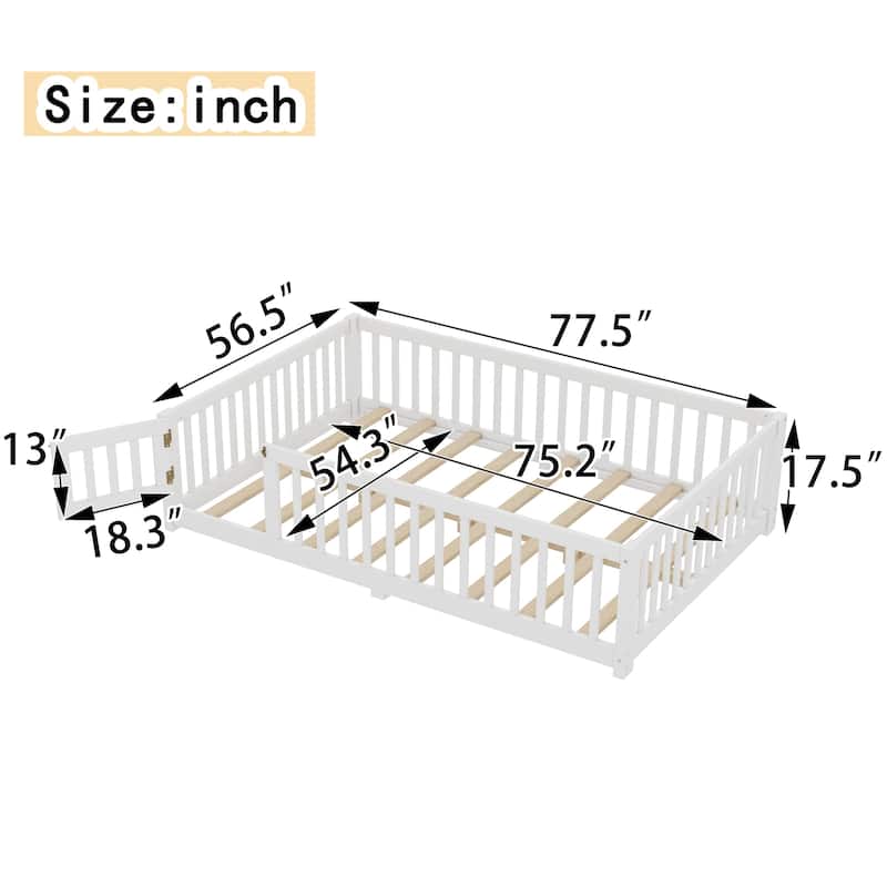 Full Size Bed Floor Bed with Safety Guardrails and Door for Kids