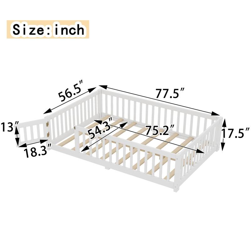 Montessori Toddler Floor Bed with Fence and Switchable Door, Low Profile Bed Frame with Removable Slats, Safe Transition Bed