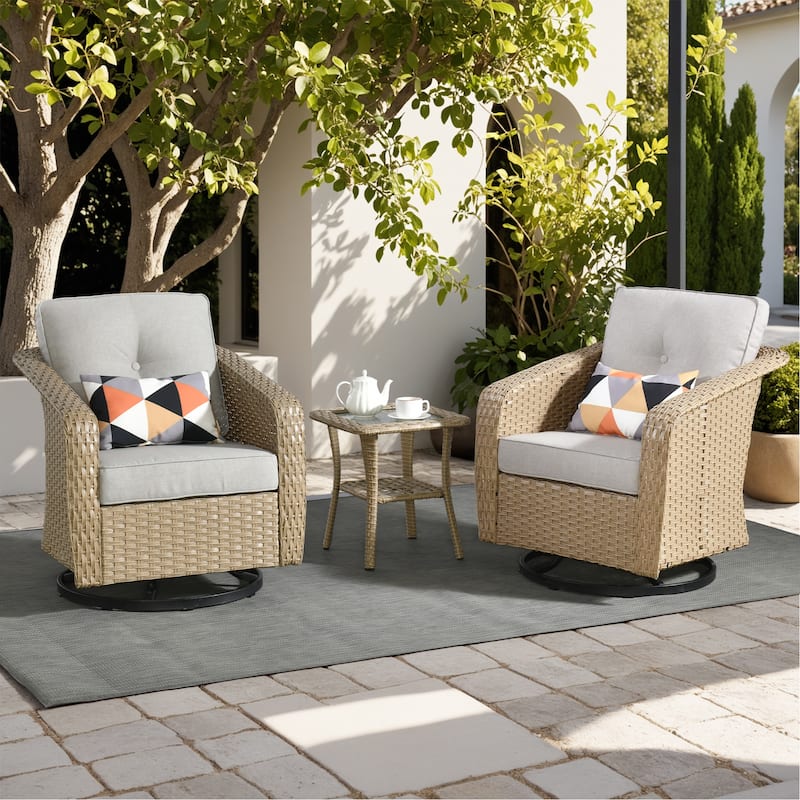 OVIOS Outdoor Wicker Swivel Chair 3-Piece Set (with Side Table) - Grey