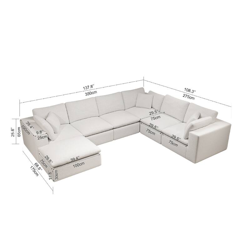 Roomfitters 137.8" Modular Sectional Sofa, 7-Piece Compressed Cloud Couch, No Assembly Required, Plush Corduroy, White