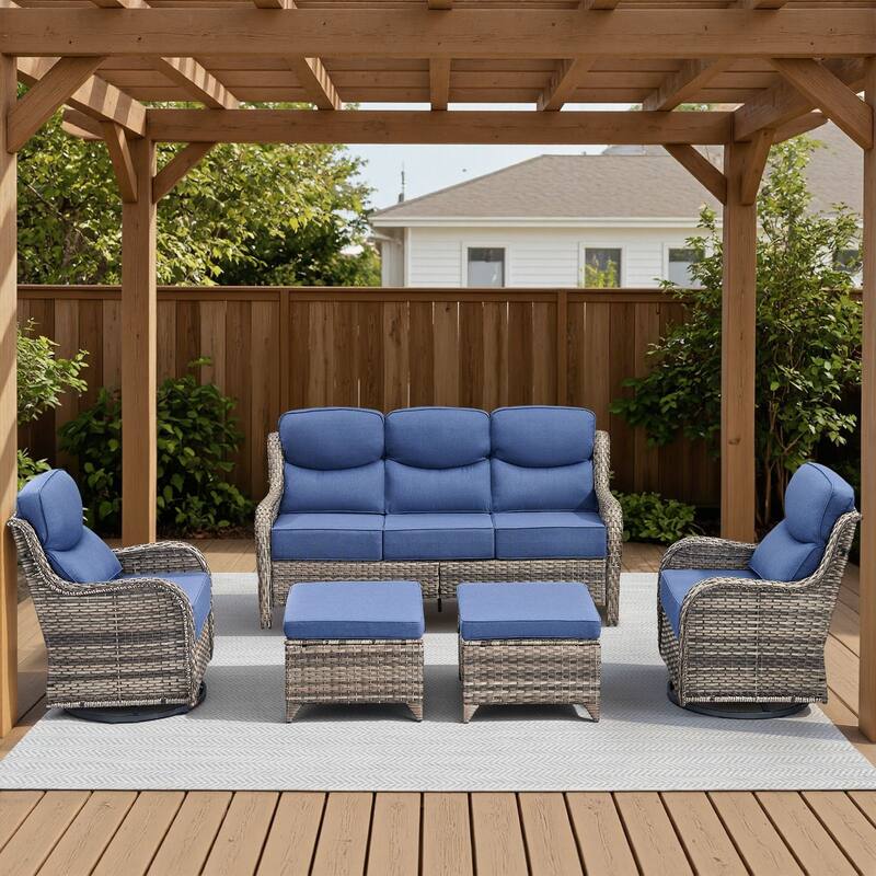 Arcadia 5-Piece Wicker Patio Conversation Set with Swivel Gliders and 6-Inch Thick Olefin Cushions - Navy Blue Cushions - Gray Wicker