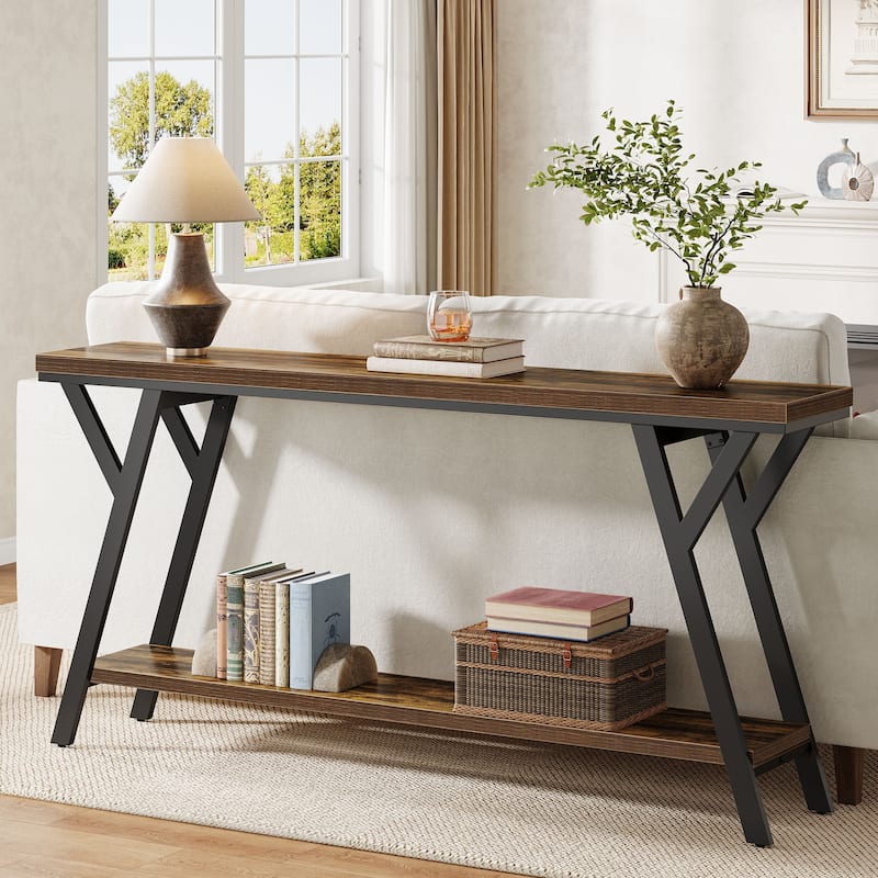 Industrial Sofa Table Behind Couch with 2-tier Storage Shelf for Hallway