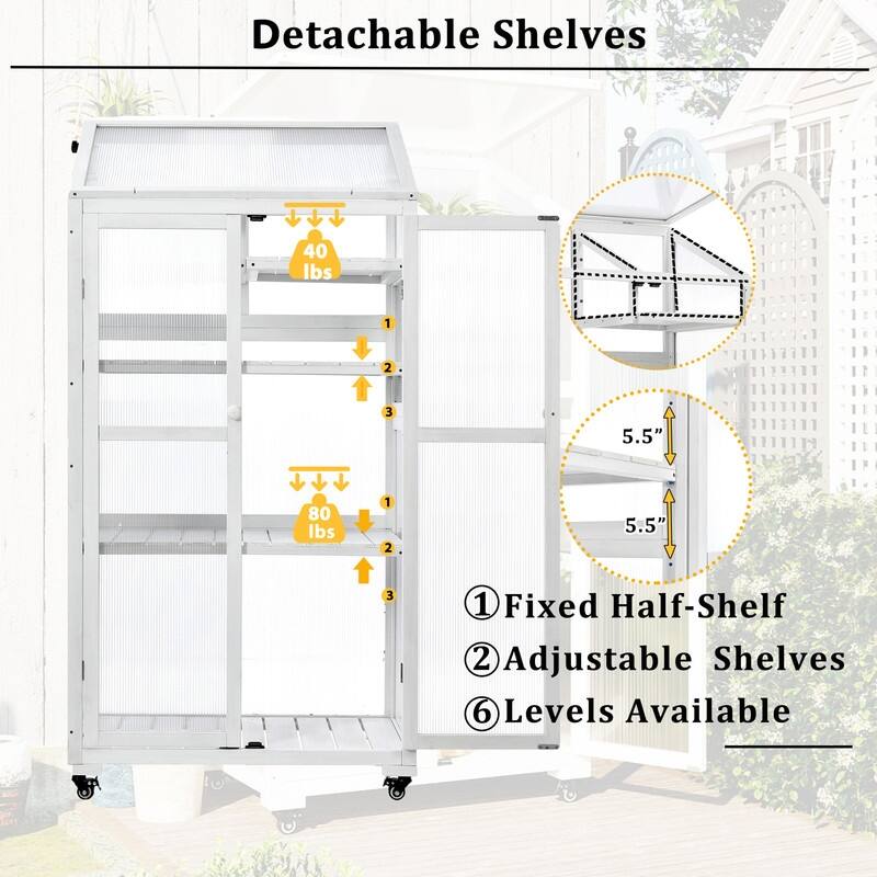 Wood Large Greenhouse with Wheels and Adjustable Shelves