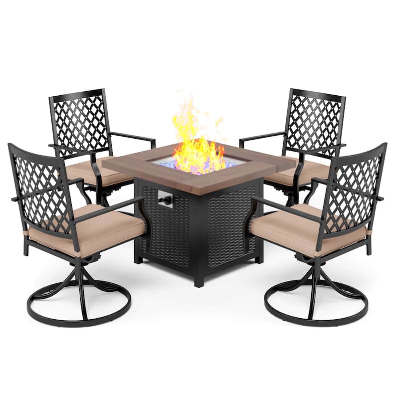 MAISON ARTS 5-Piece Patio Furniture Propane Fire Pit Set, 4 Metal Mesh Swivel Chairs and Square Fire Table