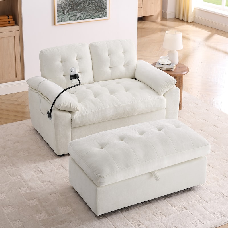 Double Recliner Chair with Adjustable Backrest, Storage Ottoman, USB Port & Phone Stand