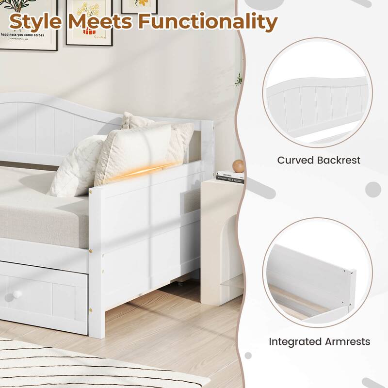 Costway Twin Size Daybed with Trundle Solid Wood Sofa Bed with Slats