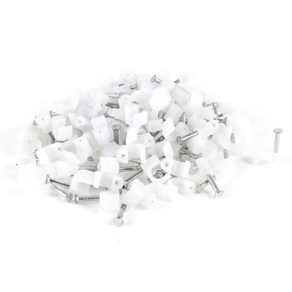200 Pcs 4mm Diameter Electric Cable White Plastic Circle Nail Clips - White, Silver Tone