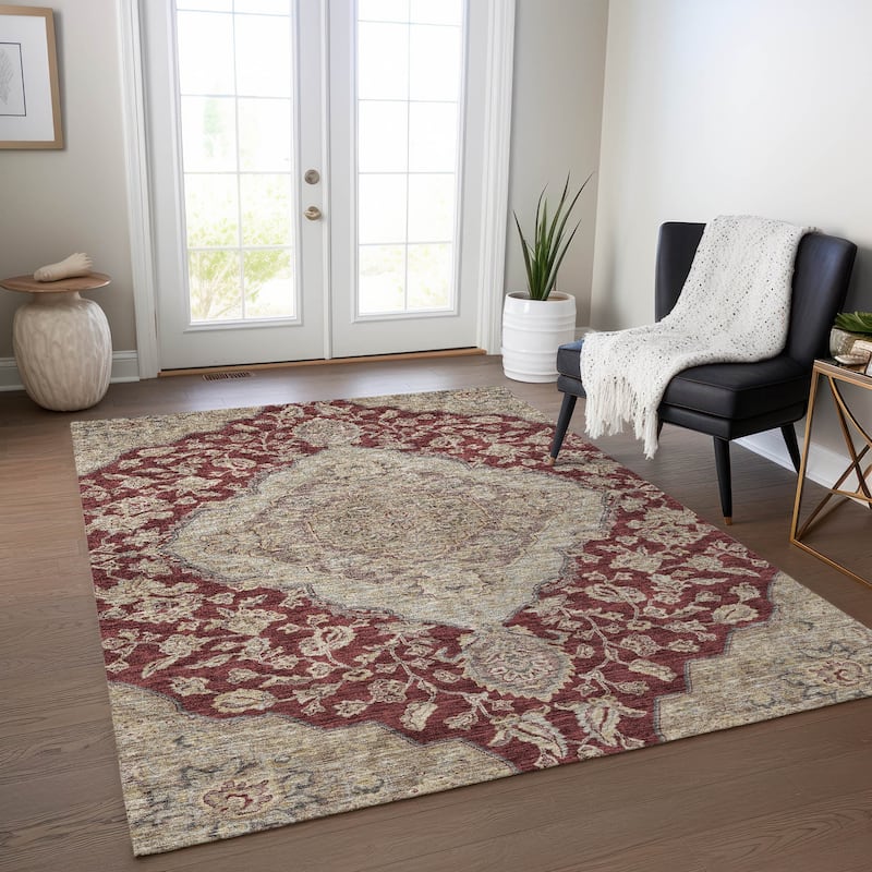 Machine Washable Indoor/ Outdoor Traditional Medallion Chantille Rug - Garnet - 3' x 5'