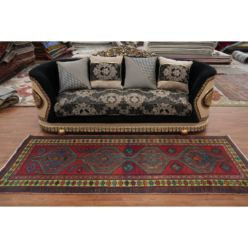 Hand Knotted Oriental 100% Wool Carpet Traditional Geometric Red Ardebil Runner Rug - 8' 10'' X 3' 4''