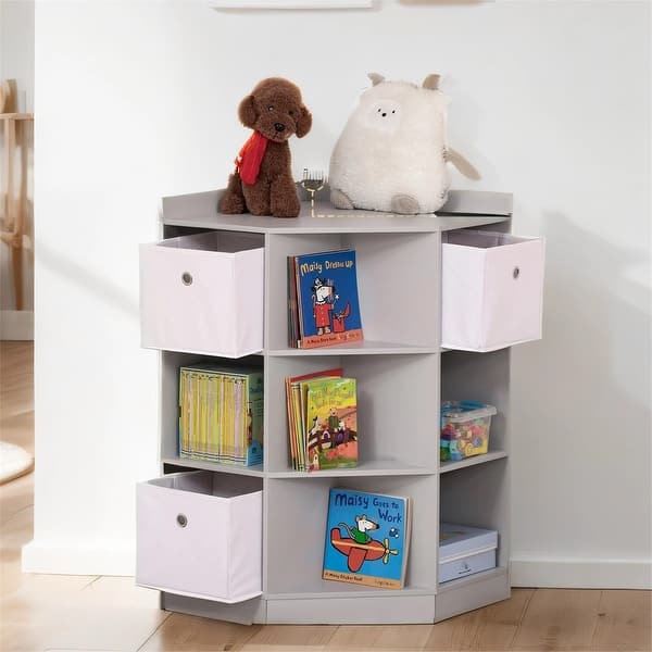 slide 2 of 8, Kids Corner Cabinet, Toy Storage Organizer Bookshelf Unit w/ 3 Baskets Grey