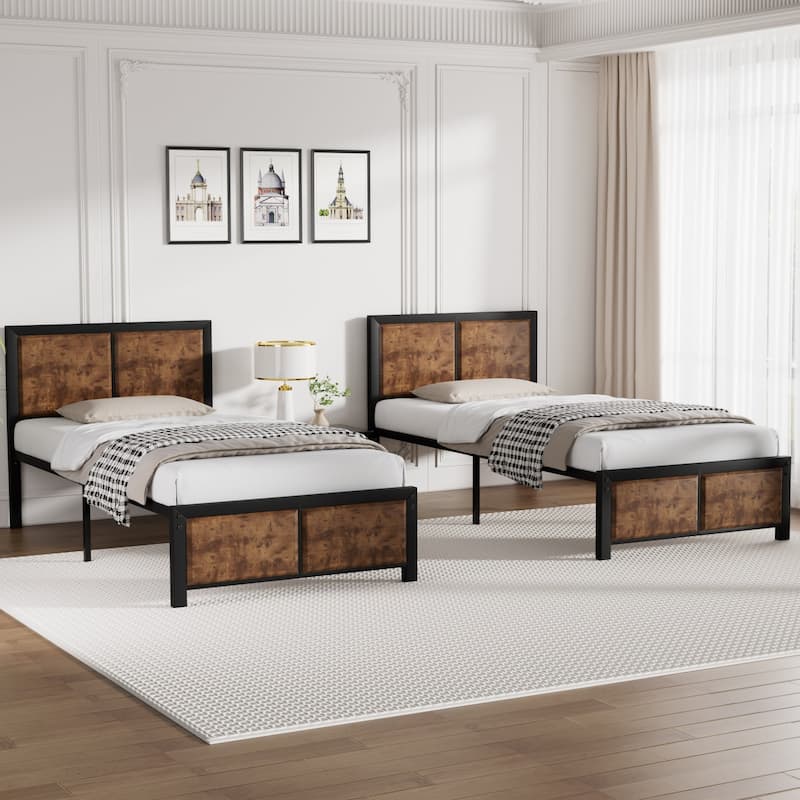 VECELO Set of 2 Platform Twin Beds 12.6" Elevated Storage Space MDF Partitioned Headboard & Footboard No Box Spring Needed