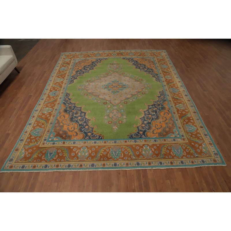 Hand Knotted Oriental 100% Wool Carpet Traditional Floral Green Tabriz Area Rug - 12' 4'' X 9' 8''
