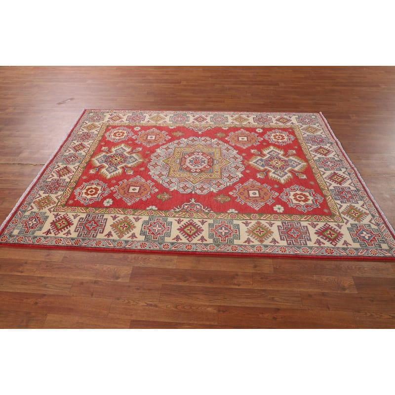 Geometric Kazak Area Rug Handmade Oriental Red Living Room Wool Carpet - 4'11" x 6'8"