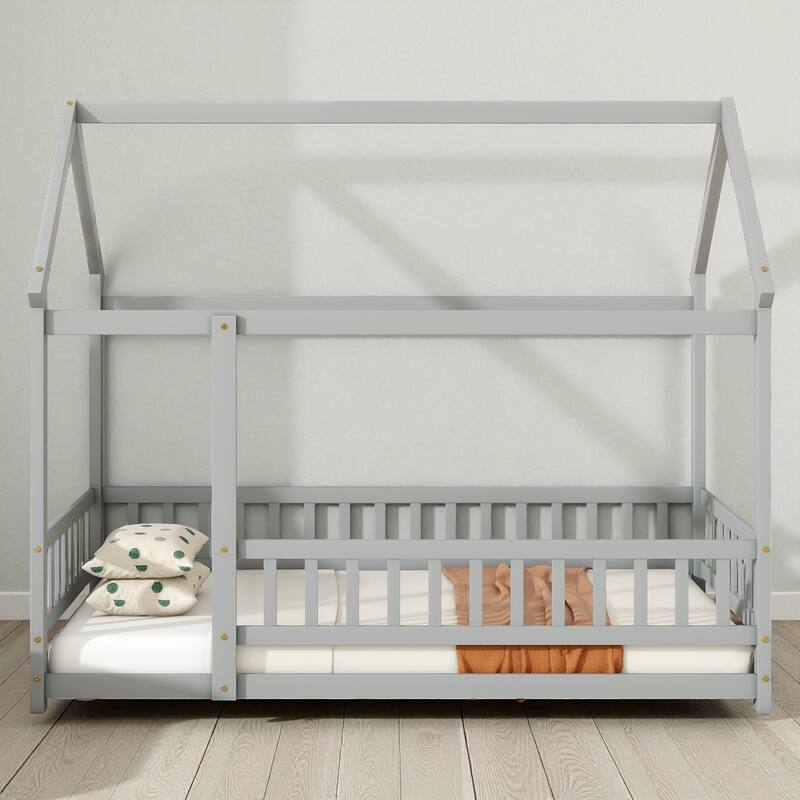 Twin Size Wooden House Floor Bed with Roof Frame and Safety Guardrails, Solid Rubber Wood Montessori Bed for Kids