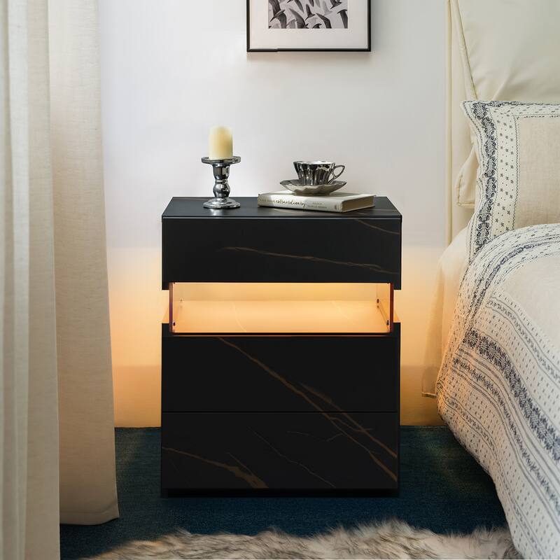 LED Nightstands, 3 Drawer Dresser for Bedroom, End Table with Acrylic Board LED Bedside Tables, for Bedroom Living Room - Black+Gold