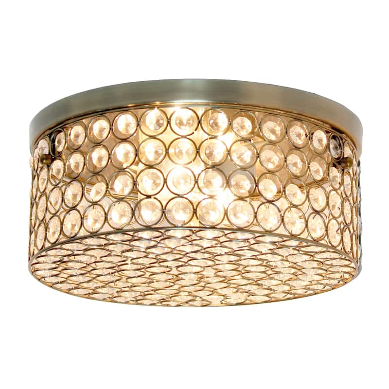 Two Light Decorative Round Crystal Flush Mount Ceiling Light Fixture - 12" - Bronze and Clear