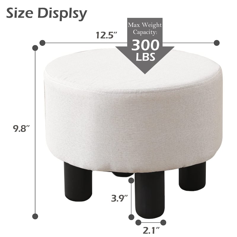 Modern Small Round Linen Ottoman Footstool with Wooden Legs for Bedroom or Living Room