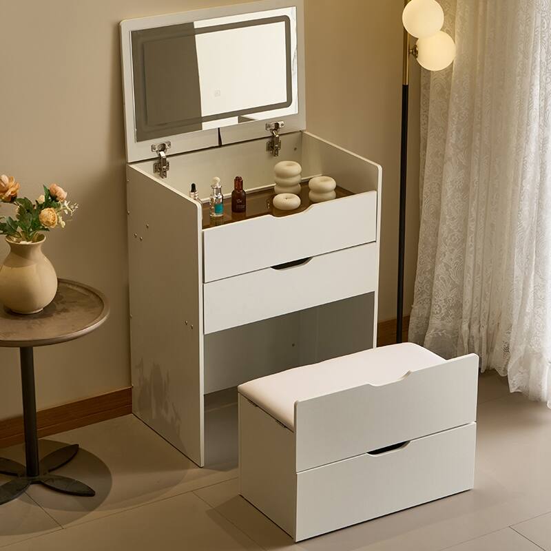3 in 1 Vanity Desk with Plip-up Mirror & Lights, Glass Top Small Makeup Vanity, Makeup Desk with 3 Drawers & Storage Bench