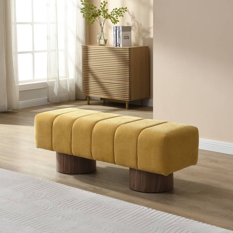 Roomfitters Upholstered Dining Bench for Dining Room, No-Assembly Chenille Fabric Seat with Wood Legs - Yellow