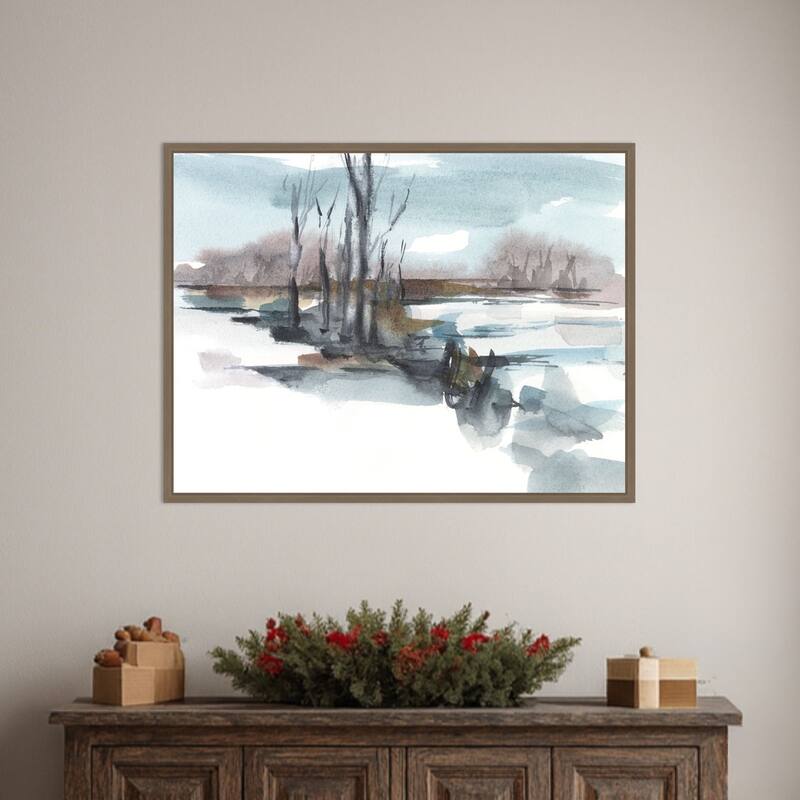 Winter Stream Watercolor II by Ethan Harper Framed Canvas Wall Art Print - Sylvie Dark Gold